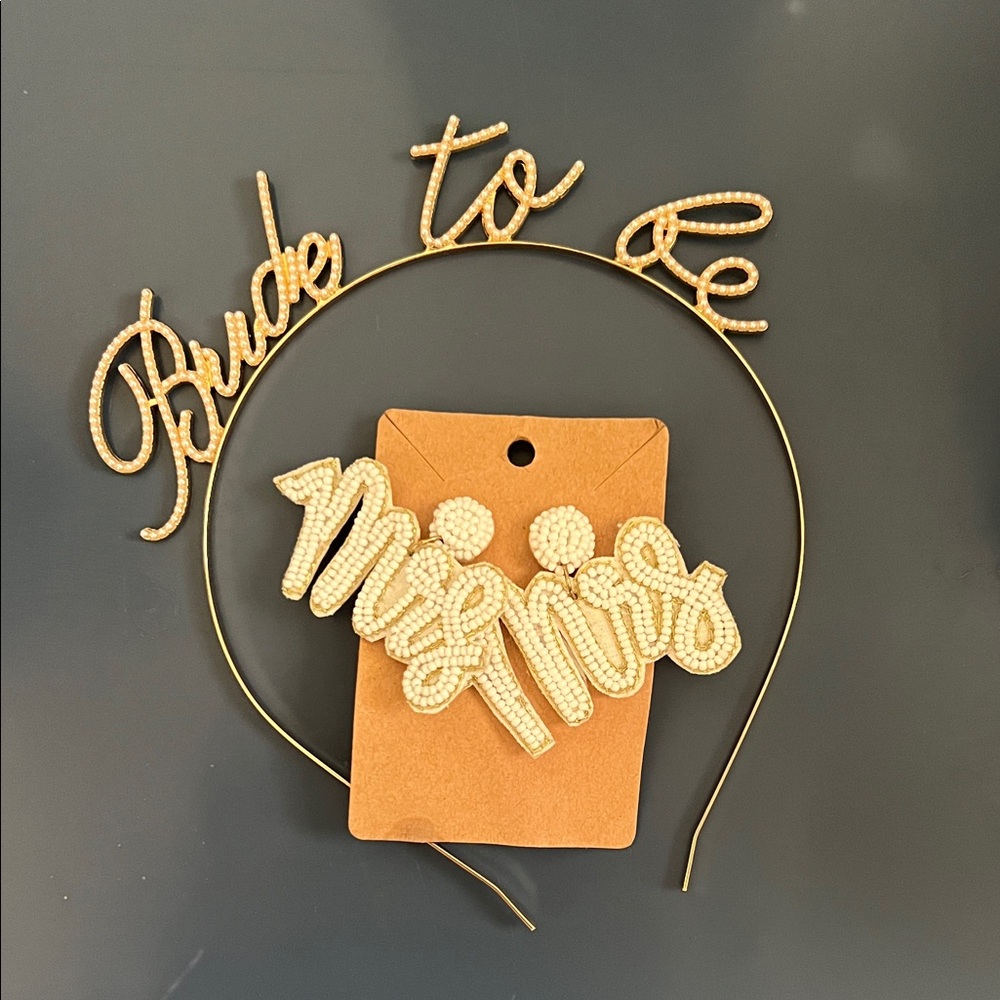 Gold 'Bride to Be' Headband and 'Mrs' Earrings Set